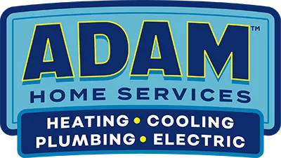 Logo for Adam Home Services with blue background, featuring text: "Heating," "Cooling," "Plumbing," "Electric" in yellow font.