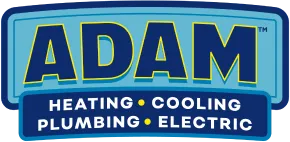 Logo with the text "ADAM" above, and "Heating • Cooling • Plumbing • Electric" below, in blue and green colors.