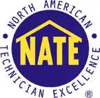 NATE logo with "North American Technician Excellence" text encircling the acronym in yellow on a blue circular background.