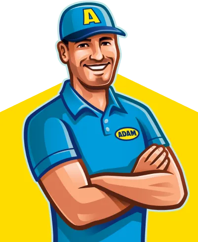 Illustration of a smiling man in a blue uniform and cap with a letter "A," arms crossed, name tag "Adam" on a yellow background.