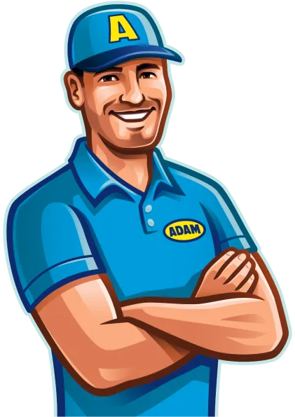 Illustration of a smiling man in a blue uniform with a cap, arms crossed. The shirt has a name tag reading "Adam" and the cap has the letter "A.