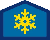 Icon of a yellow snowflake inside a blue house shape with a dark blue border.