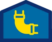 Yellow pipe icon on a blue house-shaped background.
