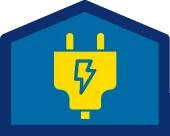 A yellow electrical plug with a lightning bolt symbol inside a blue house outline.