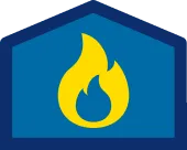Yellow flame icon centered on a blue background with a dark blue, house-shaped border.