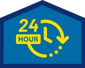 A blue and yellow graphic shows a clock with an arrow and the text "24 HOUR," indicating 24-hour service or availability.