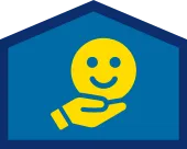 A yellow hand holding a yellow smiling face icon inside a blue, house-shaped outline.
