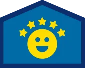A yellow smiley face with five stars above it is centered inside a blue pentagon shape.