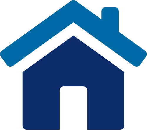 Simple blue house icon with a dark blue base and a lighter blue roof, featuring a small chimney on the right side.