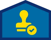 Yellow stamp icon with a checkmark inside a blue house-shaped background.