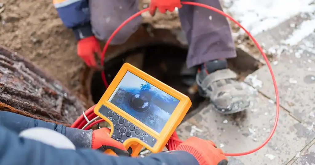 Two workers conduct a plumbing inspection, using a pipe inspection camera to examine the inside of an underground pipe—one holds the monitor and cable near an open manhole.