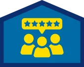 Three yellow human icons with a speech bubble above showing five stars, all inside a blue house-shaped border.
