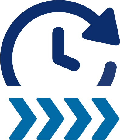 Blue clockwise arrow wrapping around a clock, with three blue chevrons pointing right below the clock, suggesting fast forward or time progression.