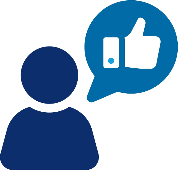 A blue silhouette of a person with a speech bubble showing a thumbs-up icon, indicating approval or positive feedback.