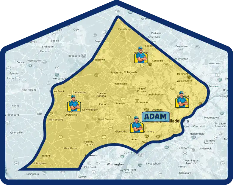 Map outlining a service area labeled "ADAM" in Pennsylvania, highlighting key locations with cartoon workers in hats and uniforms throughout the yellow-shaded region.