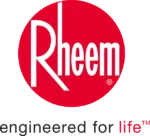 Rheem logo featuring the word "Rheem" in white stylized text on a red circular background.