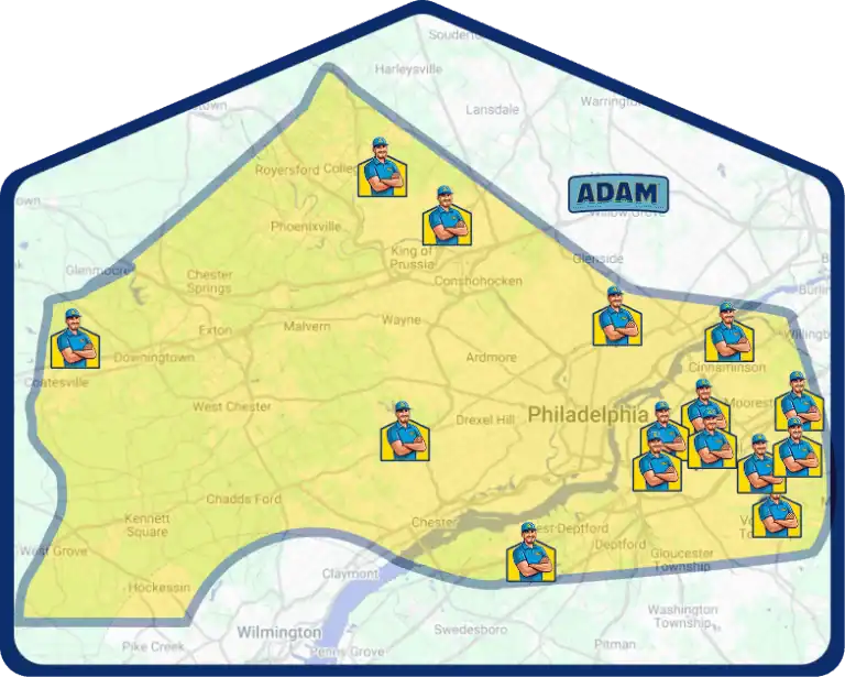 A map of the Philadelphia area highlights certain locations with cartoon figures of a person in a blue uniform and a label that reads "ADAM" near the center, showcasing the TI Service Area.