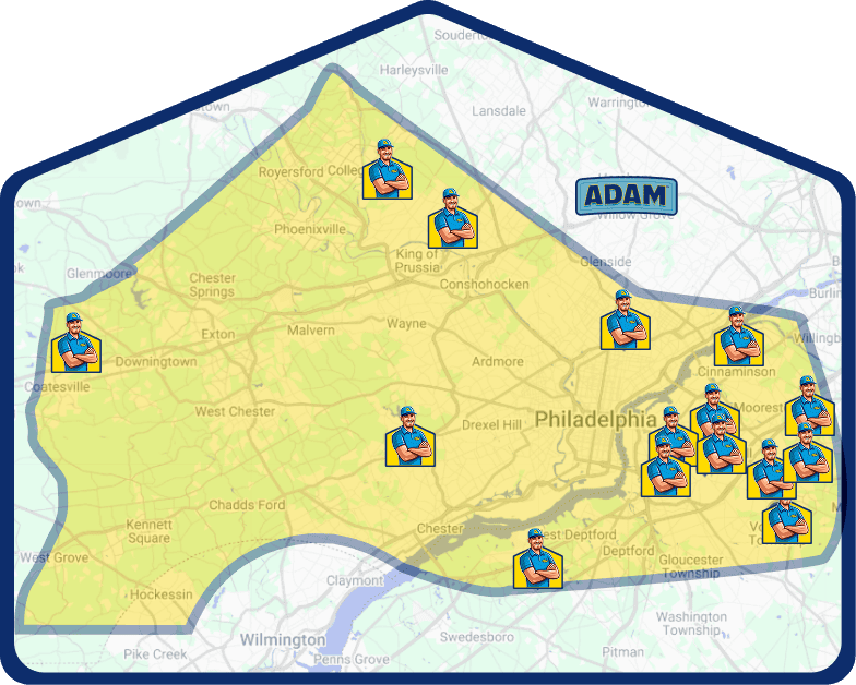 A map of the greater Philadelphia area with cartoon workers marked at various locations, highlighting service coverage across the city and surrounding suburbs.