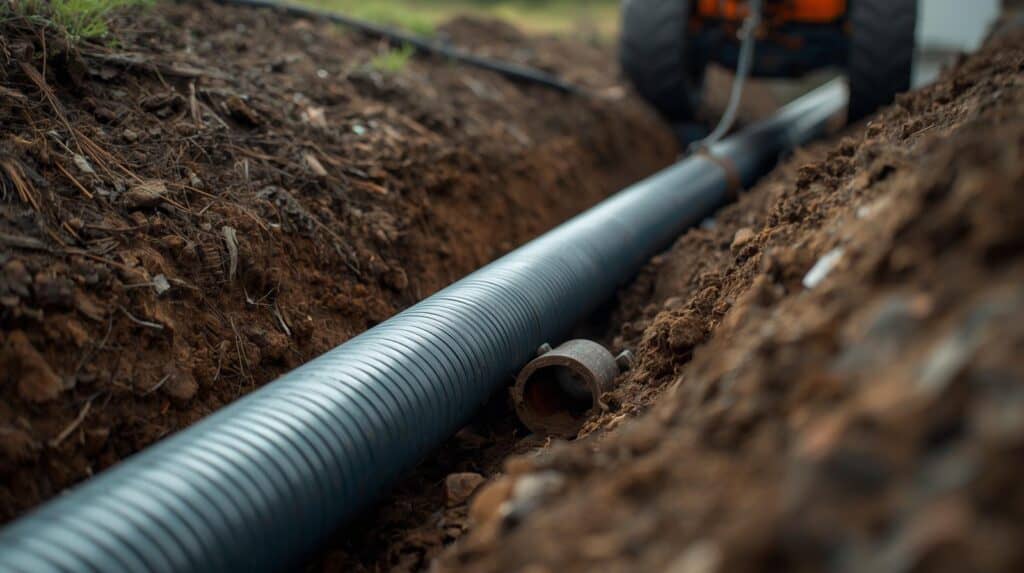 A large black plastic pipe is being installed in a dirt trench, with a metal connector lying nearby.